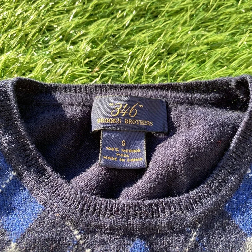 Brooks Brothers Sweater Youth Small Blue Gray Argyle‎ 346 Merino Wool Knit flaws